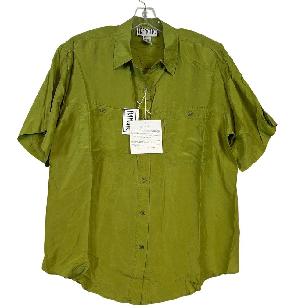 NWT VTG Womens Lime Green Washable Silk Short Sleeve Button Up Shirt Frenchic Lg